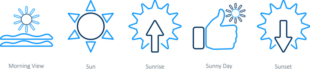 A set of 5 Mix icons as morning view, sun, sunrise