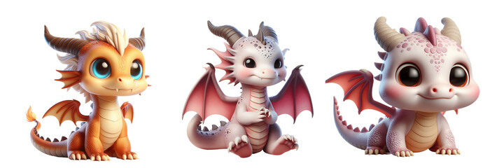 Set of Cute 3D Dragon Clipart Designs: Kawaii 3D Illustrations Isolated on Transparent or White Background