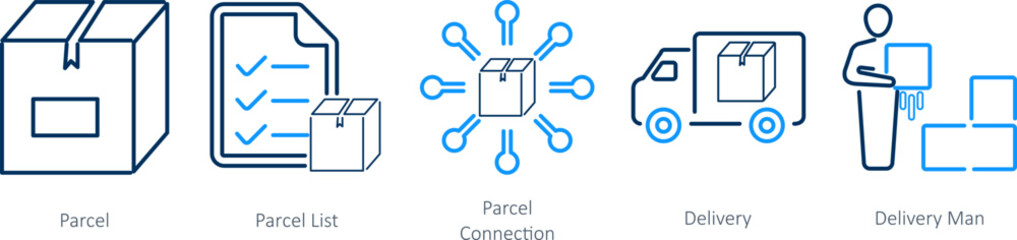A set of 5 Mix icons as parcel, parcel list, parcel connection