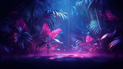Tropical leaves glowing in neon pink and purple tones.