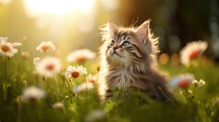 Naklejka na ściany i meble A small cute kitten in flowers plays on a green meadow. Spring background