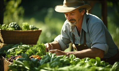 Organic farmer harvesting fresh vegetables on his farm.