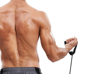 Naklejka premium Man, back and weightlifting with bicep for workout or training on a white studio background. Rear view of person or bodybuilder curling arm for strength, muscle or exercise in fitness on mockup space