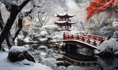 Traditional Japanese garden in winter season.