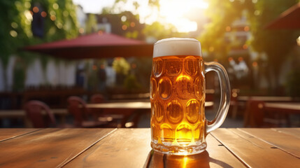 Glass of chilled beer on table and blurred street cafe  background - obrazy, fototapety, plakaty
