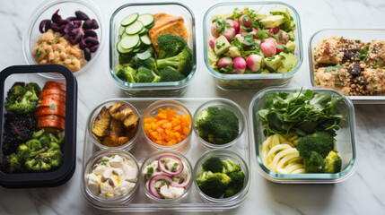 Healthy food in glass containers, top view