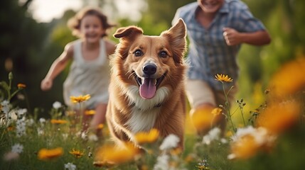 Portrait of a cheerful happy dog playing with its owner outdoors in the spring. Active family walks in nature in spring and summer