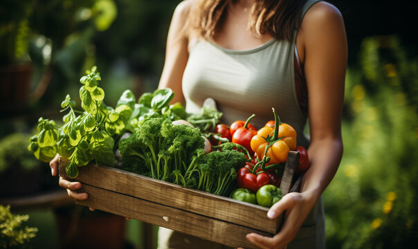 Organic farmer harvesting fresh vegetables on her farm.