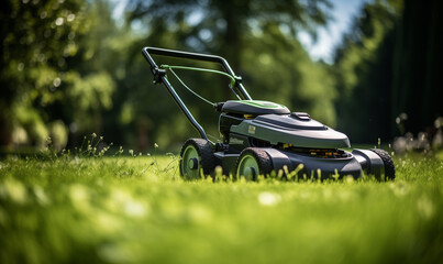 Fototapeta premium Lawn mower cutting green grass in backyard, mowing lawn.