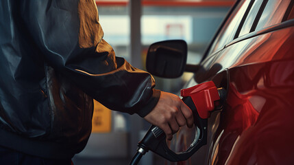 Hand Man Refill and filling Oil Gas Fuel at station. Gun petrol in the tank to fill. Pumping gasoline fuel in car at gas station. Refueling automobile with gasoline or diesel with a fuel dispenser.
