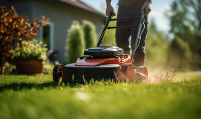 Fototapeta premium Gardener Trimming Grass Lawn Using Electric Cordless Mower.