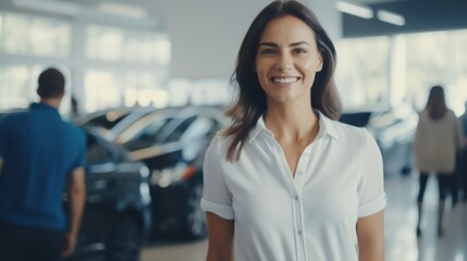 woman happy customer for buyer new car auto, female want buy automobile in showroom vehicle dealership store motor show indoor Sales, saleswoman, showroom, transportation