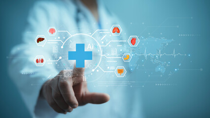 Medical worker touch virtual medical revolution and advance of technology Artificial Intelligence,AI Deep Learning for medical research,Transformation of innovation and technology for future Health