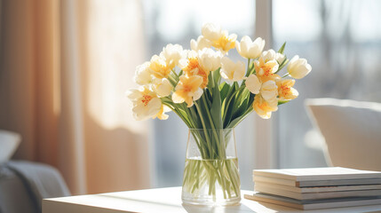 A beautiful bouquet of fresh spring flowers in a glass vase in the warm rays of the sun against the background of a window in a cozy home interior. Decorating the living room with blooming flowers