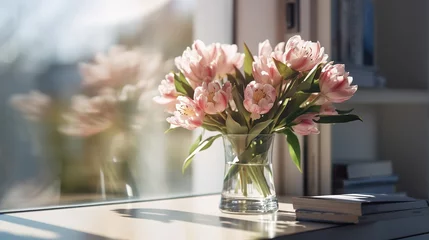 Abwaschbare Fototapete A beautiful bouquet of fresh spring flowers in a glass vase in the warm rays of the sun against the background of a window in a cozy home interior. Decorating the living room with blooming flowers © Irina Sharnina