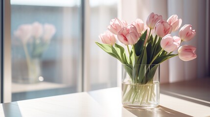 A beautiful bouquet of fresh spring flowers in a glass vase in the warm rays of the sun against the background of a window in a cozy home interior. Decorating the living room with blooming flowers - obrazy, fototapety, plakaty