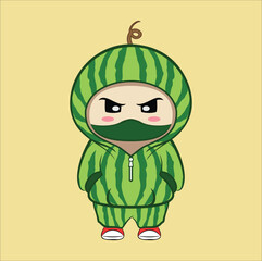 Cute boy character wearing watermelon hoodie costume, vector illustration. Suitable for t-shirt, mug, sticker, etc. Eps 10

