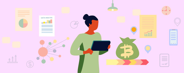 Businessman using tablet multitasking skill, laptop, note, cartoon flat vector illustration