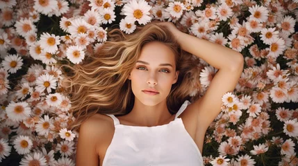  Beautiful woman lying in a garden of spring flowers © Irina Sharnina