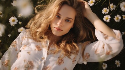 Beautiful woman lying in a garden of spring flowers