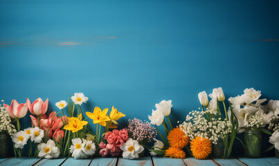 spring flowers on the wooden terrace on blue backgraund.