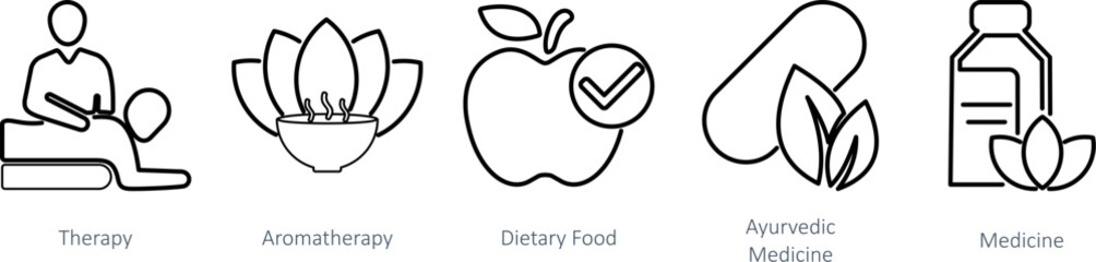 A set of 5 Mix icons as therapy, aromatherapy, dietary food