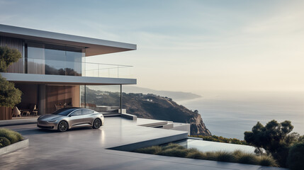 Luxury generic electric car parked outside modern villa house
