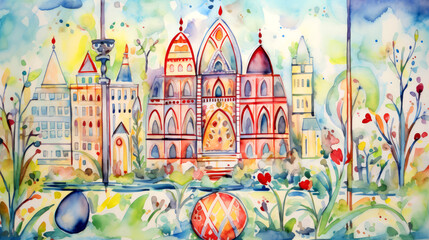 Hand drawn watercolor illustration of a cityscape with colorful houses.