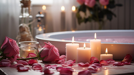 Rose petals in the bathroom. Romance. - obrazy, fototapety, plakaty