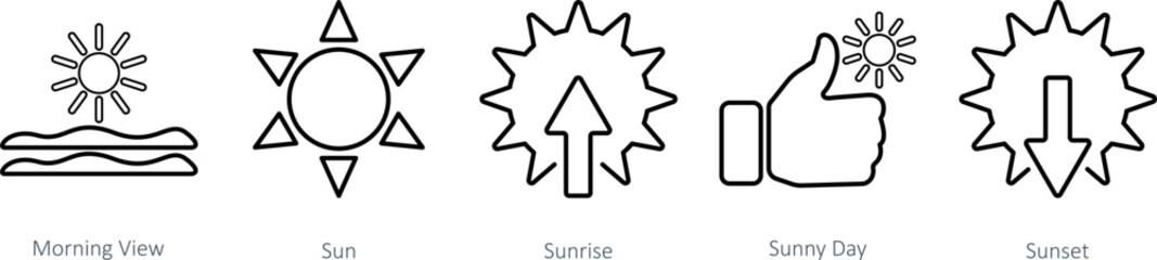 A set of 5 Mix icons as morning view, sun, sunrise