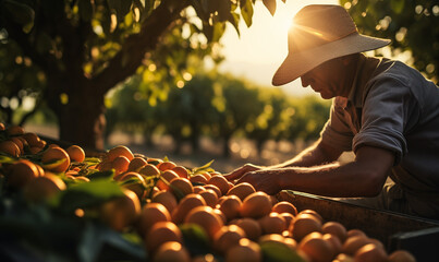 Man farmer working in a fruit garden. - obrazy, fototapety, plakaty