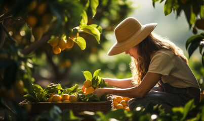 Woman farmer working in a fruit garden.