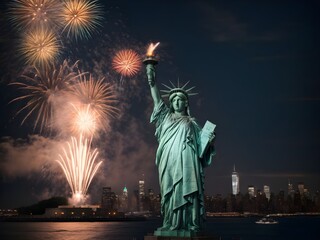 Fototapeta premium Statue of Liberty with night time with firewore celebration