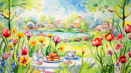 Beautiful spring landscape with flowers and food. Watercolor painting.