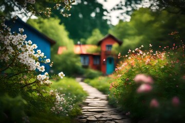 Fototapeta premium beautifuul wooden house in green field