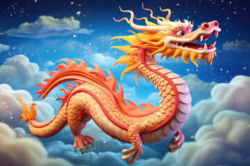 cute cartoon 3d glowing Chinese dragon flying, nature cloudy background
