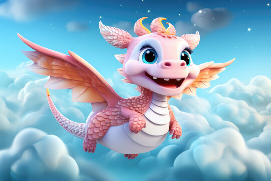 cute cartoon 3d glowing Chinese dragon flying, nature cloudy background