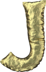 3D golden foil letter J, inflated 3D rendering. Puffy alphabet