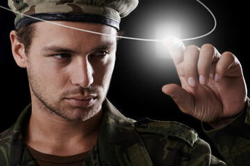 Man, fingerprint and security with touchscreen for army surveillance and password on dark...