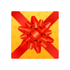 Vector gold gift box with red bow ribbon, top view on white background