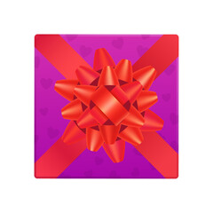 Vector purple gift box with red bow ribbon, top view on white background
