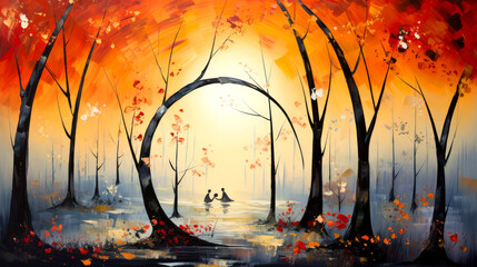Autumn landscape with trees and lake. Digital painting.