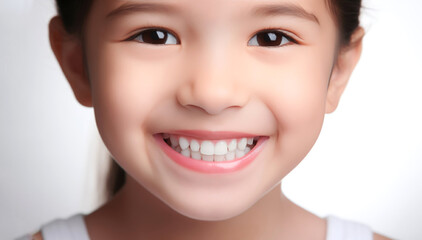 Obraz premium Smiling Asian little girl with perfect white teeth and long brown hair on white background. Children's dental banner with space for text
