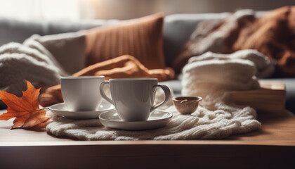 Cozy Morning Bliss Still Life in a Home Living Room with Sweaters, Tea, and Sunlit Comfort