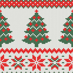 Knitting Christmas tree and snow ornament. Seamless pattern. Vector illustration.