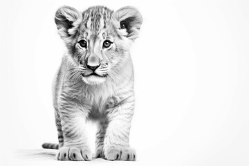 Pencil sketch drawing of a baby lion isolated on white