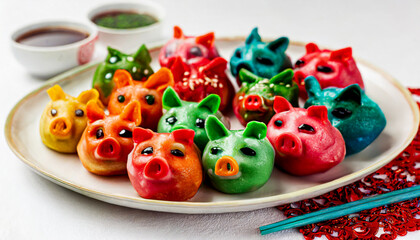 Fototapeta na wymiar Succulent Swine: Lunar New Year's Dumplings Crafted in Adorable Porcine Shapes