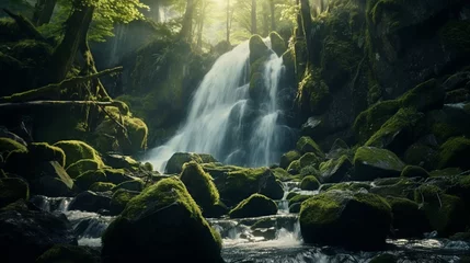 Keuken spatwand met foto A cascading waterfall surrounded by moss-covered rocks in a dense, enchanting forest, capturing the essence of a hidden paradise. © Bhatti arts