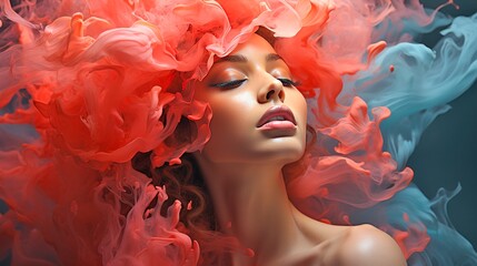 Banner Abstract fashion makeup concept with beautiful girl in color peach-fuzz cloud of smoke on...