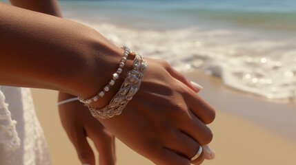 A close-up of a couple's intertwined hands, adorned with beach-themed accessories, as they sit together and watch the waves roll in.